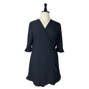 LOFT Wrap Dress 3/4 Flare Sleeve Ruffle Hem Black White Polka Dot Women’s 16